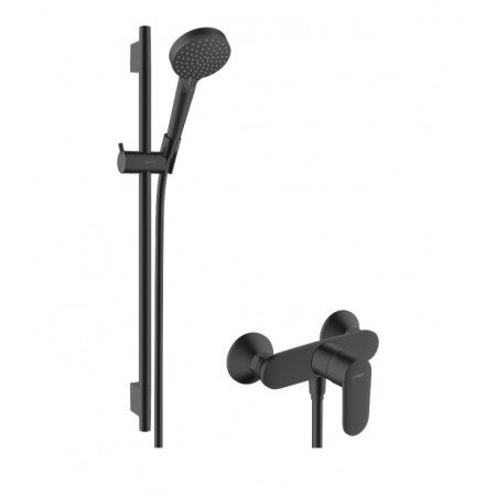 Hansgrohe Vernis Blend System prysznicowy 100 Vario EcoSmart z drążkiem 65 cm S Puro i jednouchwytową baterią prysznicową natynkowy Czarny Matowy
