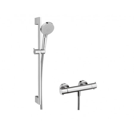 Hansgrohe Vernis Blend System prysznicowy 100 Vario EcoSmart z drążkiem 65 cm Crometta i prysznicową baterią termostat Ecostat S natynkowy Chrom