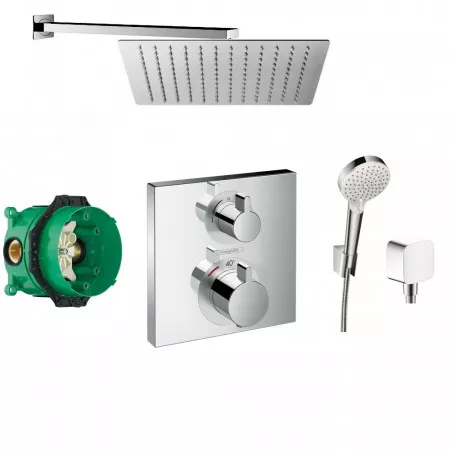 Hansgrohe Ecostat Square bateria, Zestaw prysznicowy podtynkowy, deszczownica Slim 30x30cm (26691400 + 26457000 + 01800180 + 15714000 + Slim Q30)