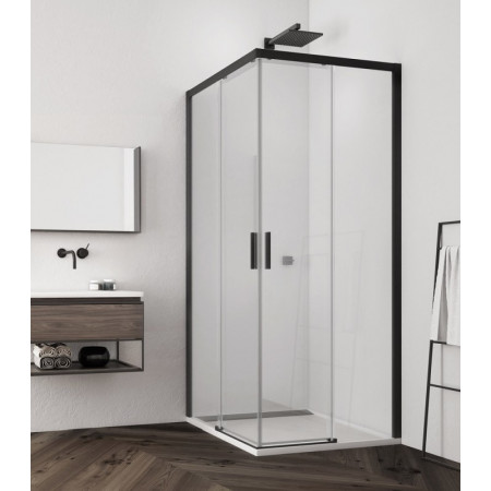 SanSwiss Top-Line S Black wejście narożne z drzwiami rozsuwanymi 80 cm prawa profil czarny mat, szkło przezroczyste
