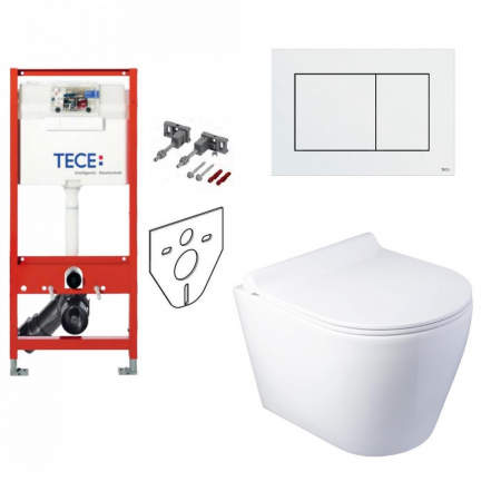 Tece Zestaw 6w1: Stelaż podtynkowy + Wc wiszący 48 Rimless z deską w/o + Przycisk (9400407 + 9240401)