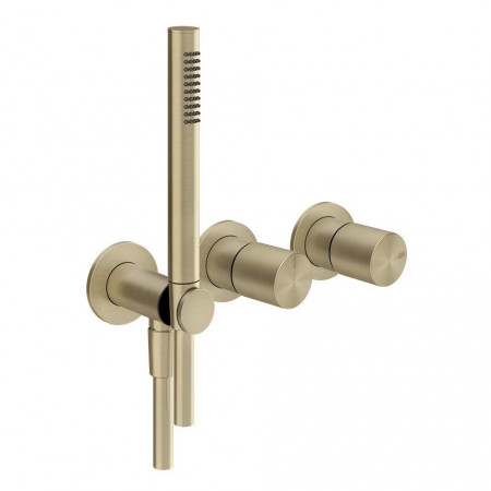 Gessi Habito bateria podtynkowa prysznicowa dwudrożna ścienna wylotem wody uchwytem na słuchawkę prysznicową i prysznicem ręcznym Brass Brushed PVD