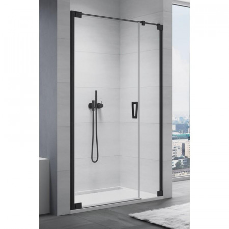 SanSwiss Cadura Black Drzwi prysznicowe jednoczęściowe wahadłowe lewe z elementem stałym na wymiar Aquaperle szkło przezroczyste/czarny mat - 838998_O1