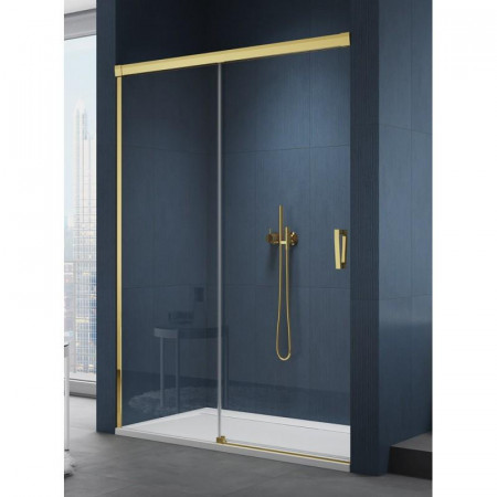 SanSwiss Cadura Gold Drzwi prysznicowe dwuczęściowe przesuwne lewe 160 cm Aquaperle szkło przezroczyste/złoty połysk - 839039_O1