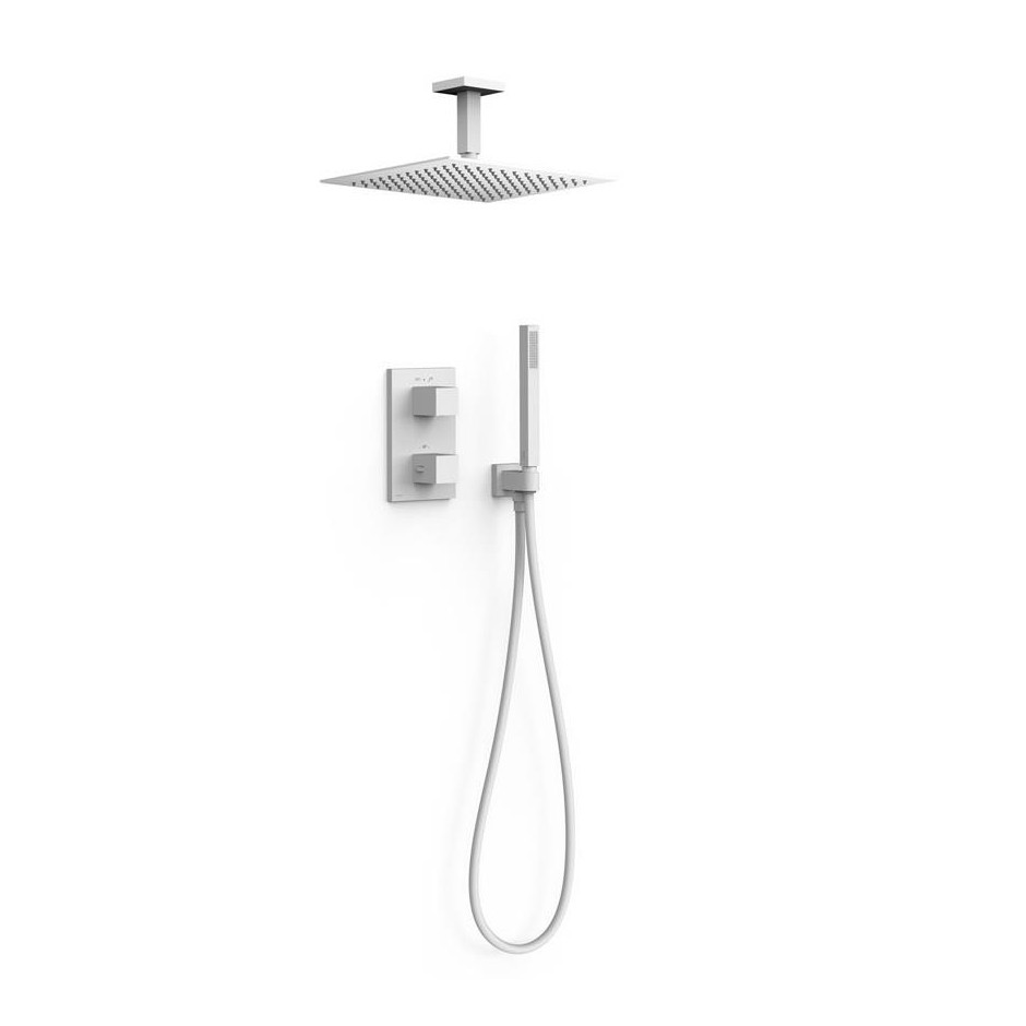Tres Cuadro Zestaw podtynkowy prysznicowy 2-drożny z termostatem i deszczownicą Biel Matowa - 862563_O1