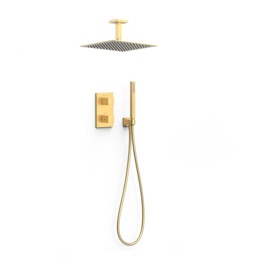 Tres Cuadro Zestaw podtynkowy prysznicowy 2-drożny z termostatem i deszczownicą Matowe Złoto - 862565_O1