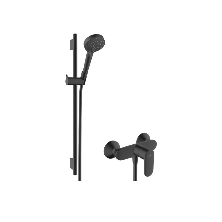 Hansgrohe Vernis Blend System prysznicowy 100 Vario EcoSmart z drążkiem 65 cm S Puro i jednouchwytową baterią prysznicową natynkowy Czarny Matowy