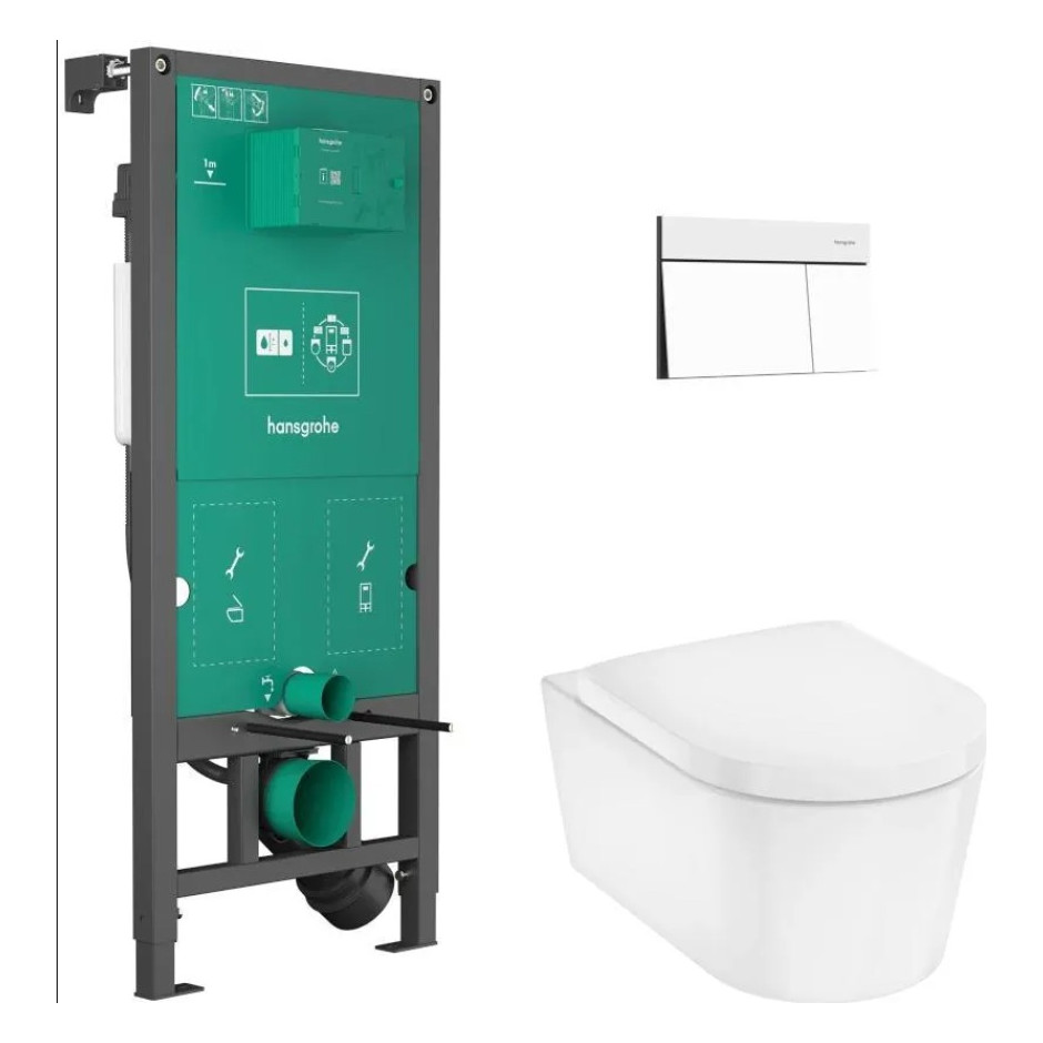 Hansgrohe EluPura S Zestaw stelaż podtynkowy iFrame z przyciskiem Frame Element E i miską wiszącą WC EluPura S z deską WC Biały Matowy