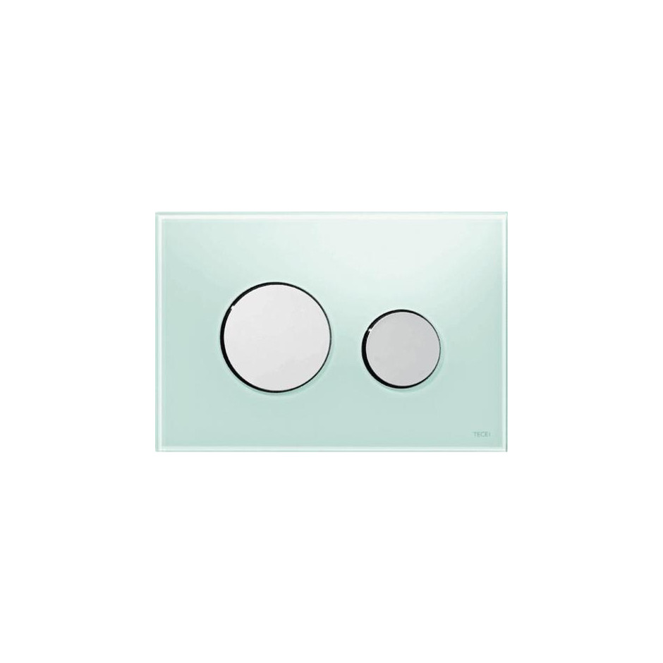 Tece Loop przycisk spłukujący do WC ze szkła, szkło zielone, przyciski chrom połysk