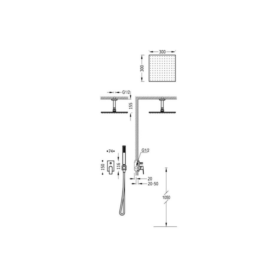Tres Project kompletny zestaw prysznicowy podtynkowy deszczownica 300x300 mm stalowy - 740106_T1