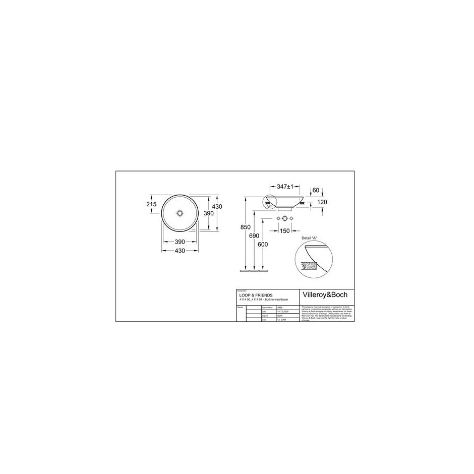 Villeroy & Boch Loop & Friends umywalka stojaca na blacie, wpuszczana do polowy, 380 mm srednicy, Pergamon Ceramicplus - 419824_T1