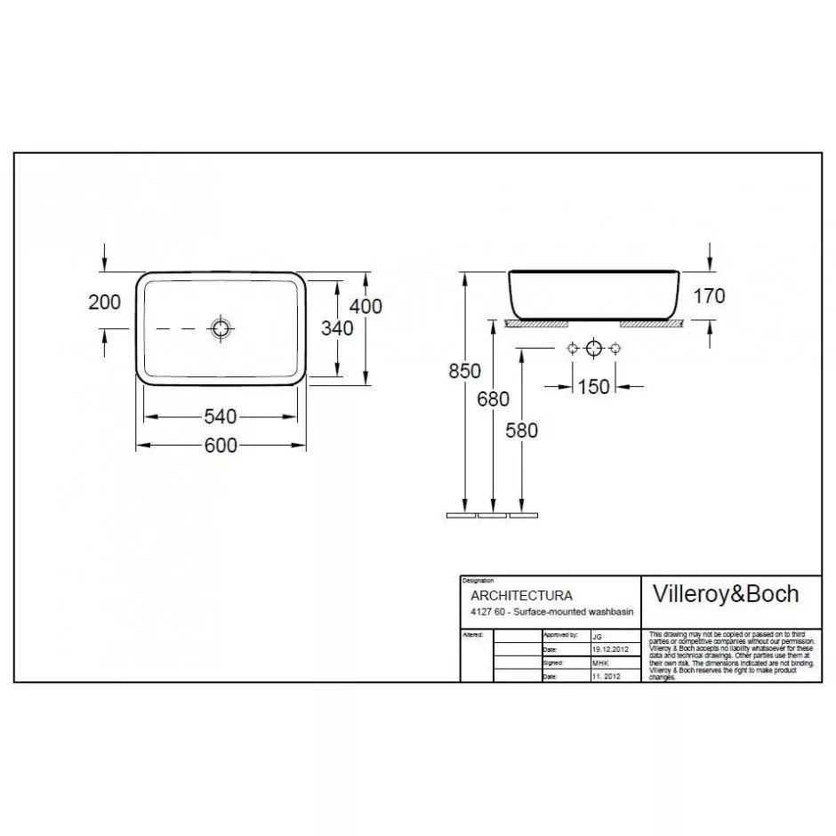 Villeroy & Boch Architectura Umywalka stojąca na blacie 600 x 400 mm - Weiss Alpin - 464252_T1