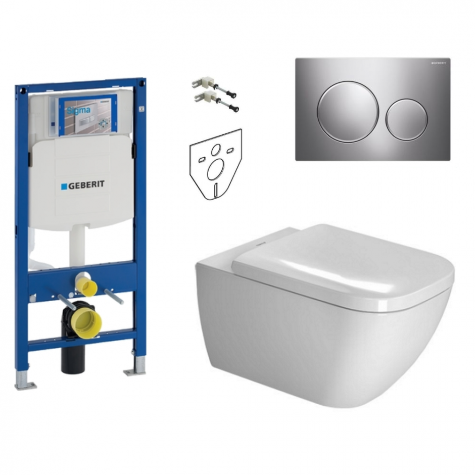 Geberit Duravit Happy D.2 Zestaw Stelaż podtynkowy z miską WC wiszącą, deską w/o i przyciskiem (111.320.00.6+115.882.KH.1+2222090000+0064590000)