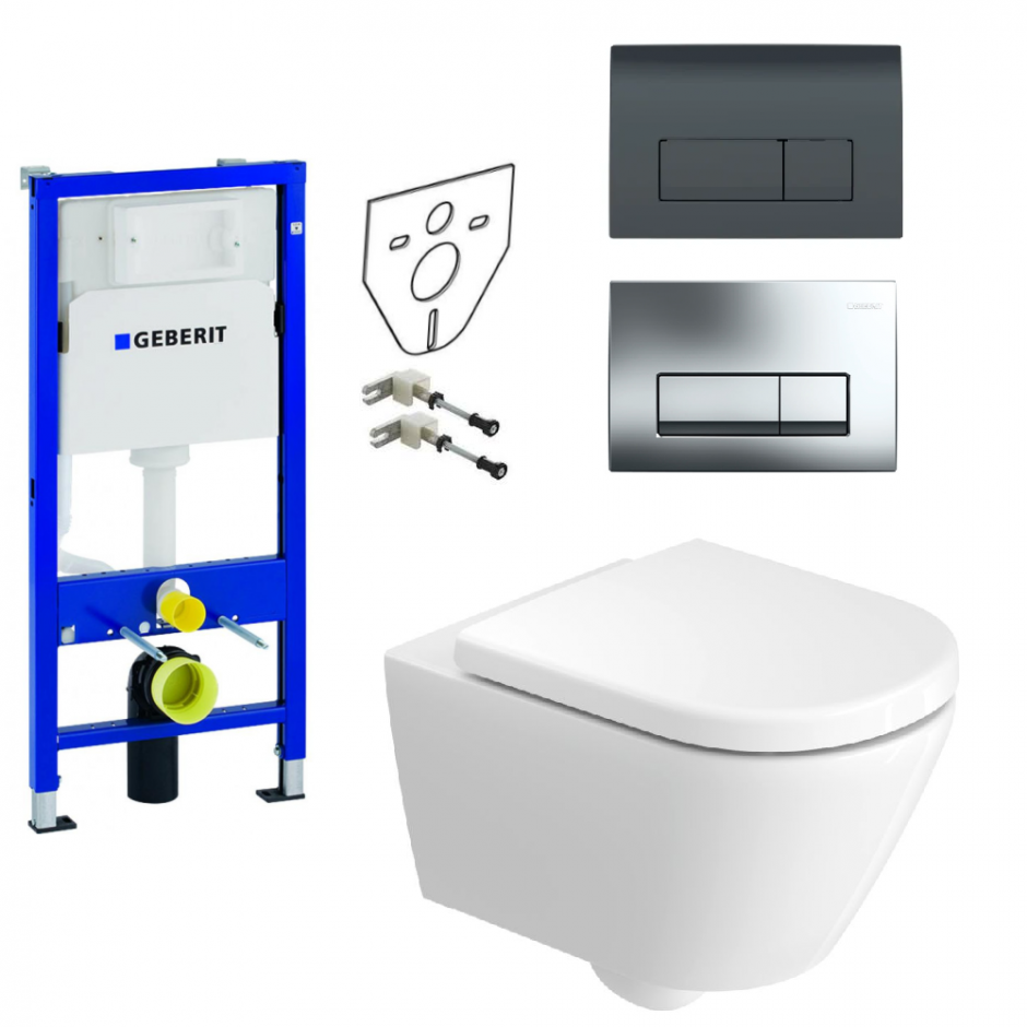 Geberit Duravit D-Code Zestaw Stelaż podtynkowy z miską WC wiszącą bezrantową Rimless, deską w/o i przyciskiem (111.170.00.1 + 29030900212 + 115.119.21.1)
