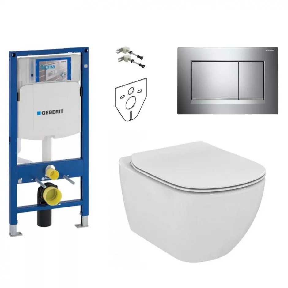 Geberit Ideal Standard Tesi Zestaw Stelaż podtynkowy z miską WC wiszącą bezrantową AquaBlade i deską w/o (111.320.00.6 + 115.883.KH.1 + T007901 + T352701)