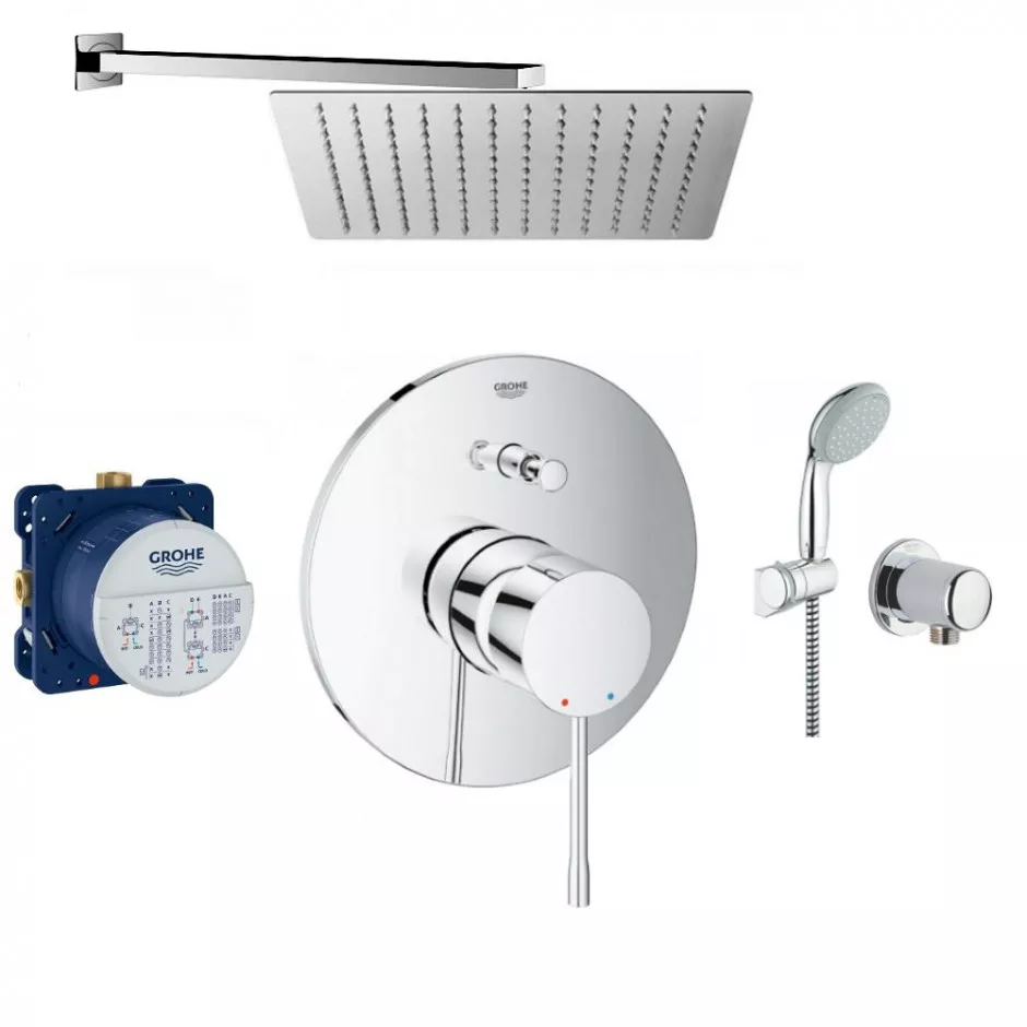 Grohe Essence bateria, Zestaw prysznicowy podtynkowy, deszczownica Slim 30x30cm (24058001 + 35600000 + 2760110E + 28671000 + Slim Q30)