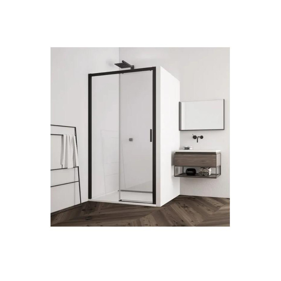 SanSwiss Top-Line S Black drzwi rozsuwane dwuczęściowe 100 cm lewa profil czarny mat, szkło przezroczyste