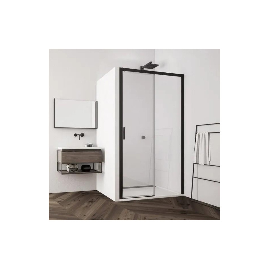 SanSwiss Top-Line S Black drzwi rozsuwane dwuczęściowe 100 cm prawa profil czarny mat, szkło przezroczyste