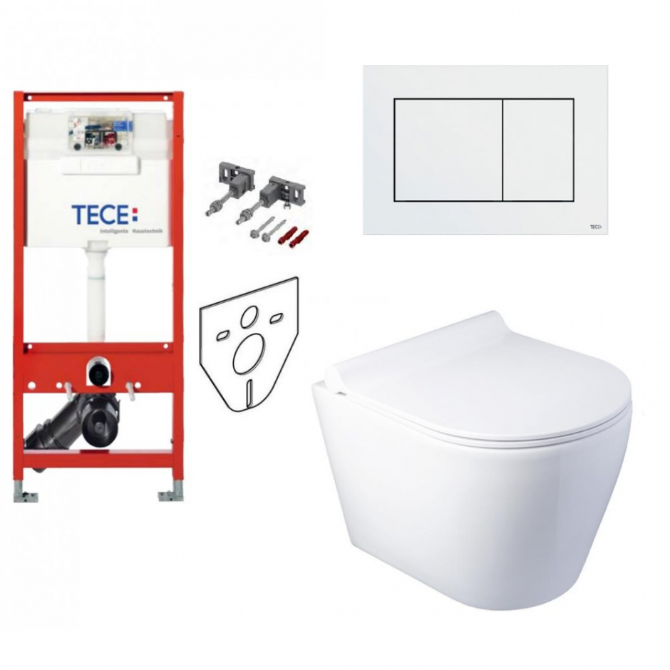 Tece Zestaw 6w1: Stelaż podtynkowy + Wc wiszący 48 Rimless z deską w/o + Przycisk (9400407 + 9240401)
