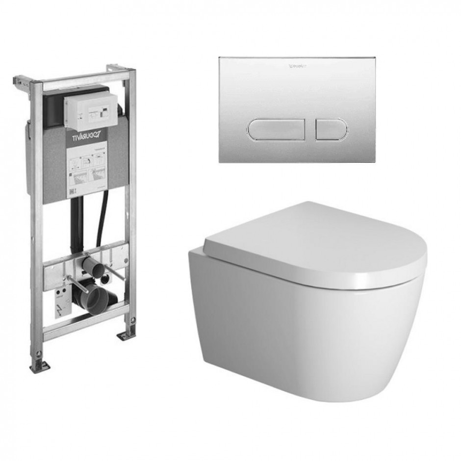 Duravit ME by Starck Zestaw 4w1: Stelaż z przyciskiem, miską WC wiszącą 48cm HygieneGlaze i deską w/o (WD1011+WD5001021+2530092+002019)