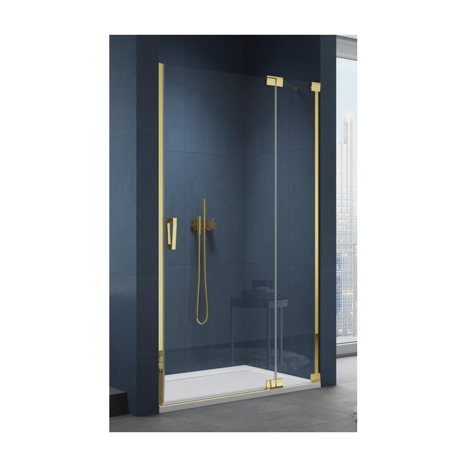 SanSwiss Cadura Gold Drzwi prysznicowe jednoczęściowe wahadłowe prawe z elementem stałym 140 cm Aquaperle szkło przezroczyste/złoty połysk - 838965_O1