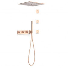 Tres B-System Zestaw prysznicowy podtynkowy 4-drożny termostatem i deszczownicą 24-K Matowe Różowe złoto - 862884_O1