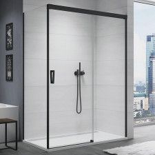 SanSwiss Cadura Black Drzwi prysznicowe dwuczęściowe przesuwne prawe 130 cm Aquaperle szkło przezroczyste/czarny mat - 839015_O1