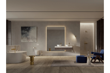 Aranżacja łazienki Omnires Contour i Modern Project z złotą armaturą