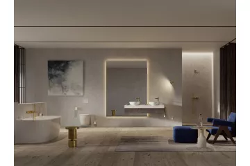 Aranżacja łazienki Omnires Contour i Modern Project z złotą armaturą