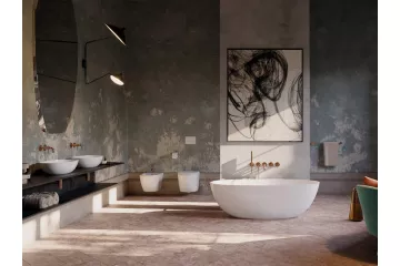Luksusowa, przestronna łazienka z wanną wolnostojącą, podwójną umywalką i designerskimi dodatkami.