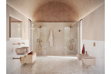 Minimalistyczna łazienka w beżach z ceramiką Catalano Sfera i elegancką symetrią stref funkcjonalnych