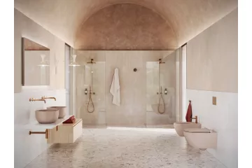 Minimalistyczna łazienka w beżach z ceramiką Catalano Sfera i elegancką symetrią stref funkcjonalnych