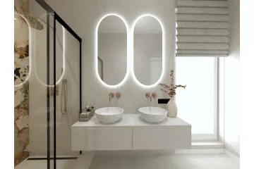 Stylowa łazienka z dwiema umywalkami nablatowymi, podświetlanymi lustrami LED i dużym oknem