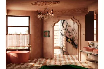 Nowoczesna strefa prysznicowa Omnires Hedonistic Mannerism z marmurowymi płytami i złotą armaturą w matowym wykończeniu