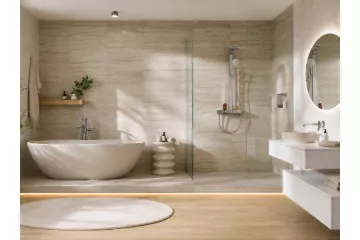 Łazienka soft spa z wanną wolnostojącą Villeroy & Boch, umywalką nablatową, kamieniem i drewnem