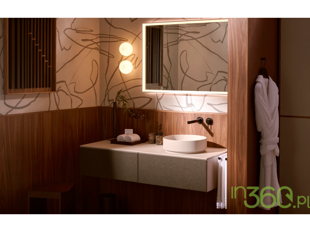 Strefa umywalkowa z baterią podtynkową Hansgrohe Finoris i umywalką Xuniva Evo S w kolorze piaskowym