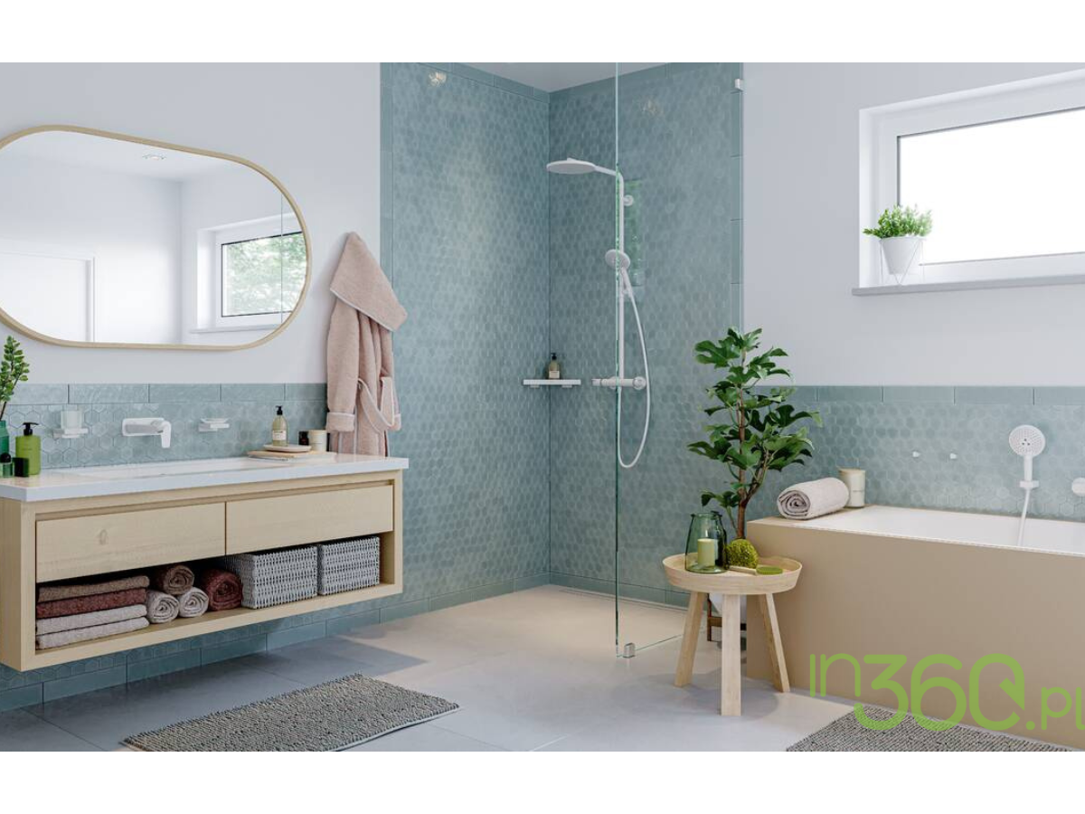 Nowoczesna łazienka z kabiną prysznicową walk-in i armaturą Hansgrohe Metropol w białym macie