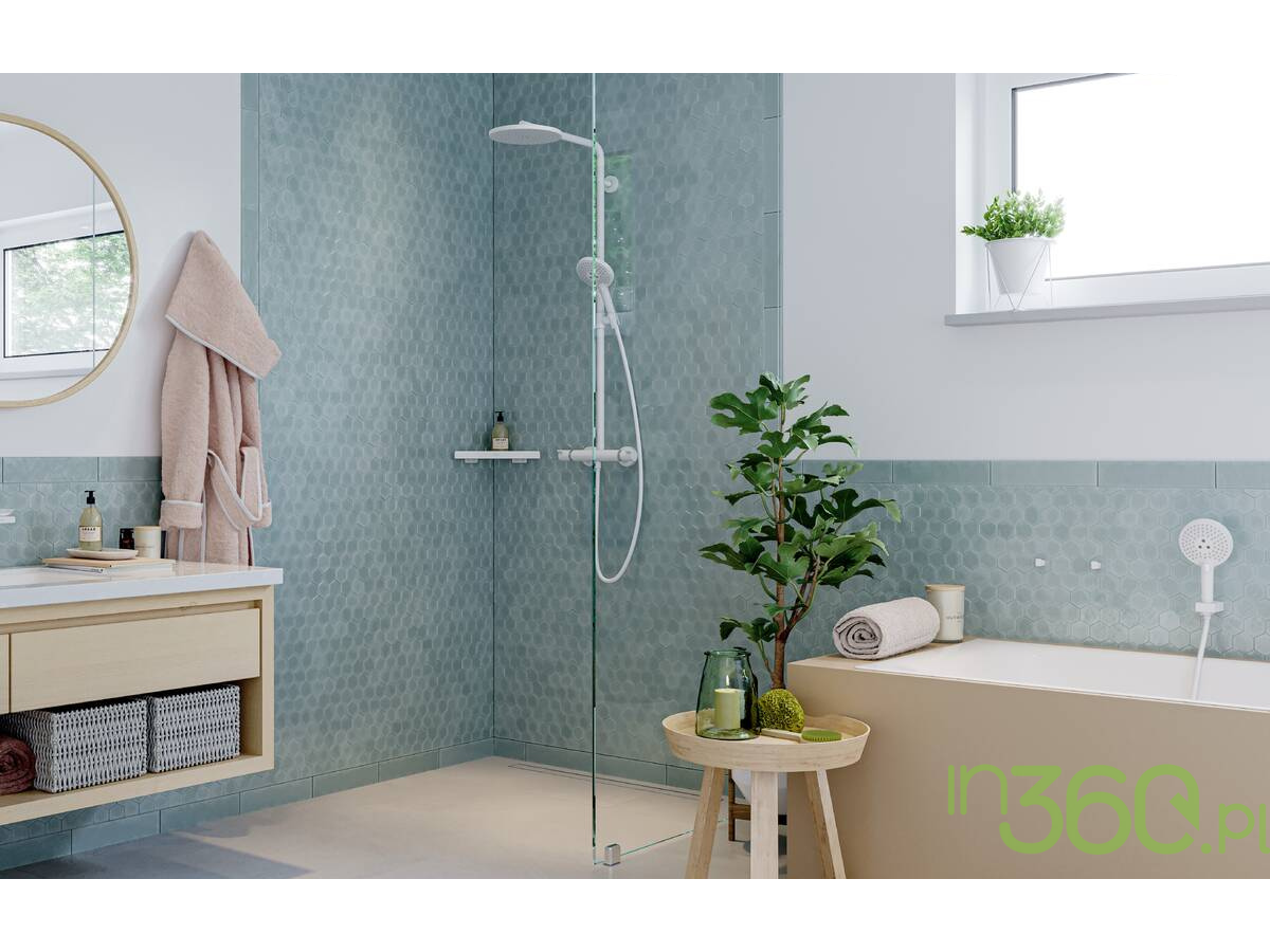 Strefa wanny i prysznica z armaturą Hansgrohe Metropol w białym macie, na tle płytek heksagonalnych Marazzi Mystone Berici