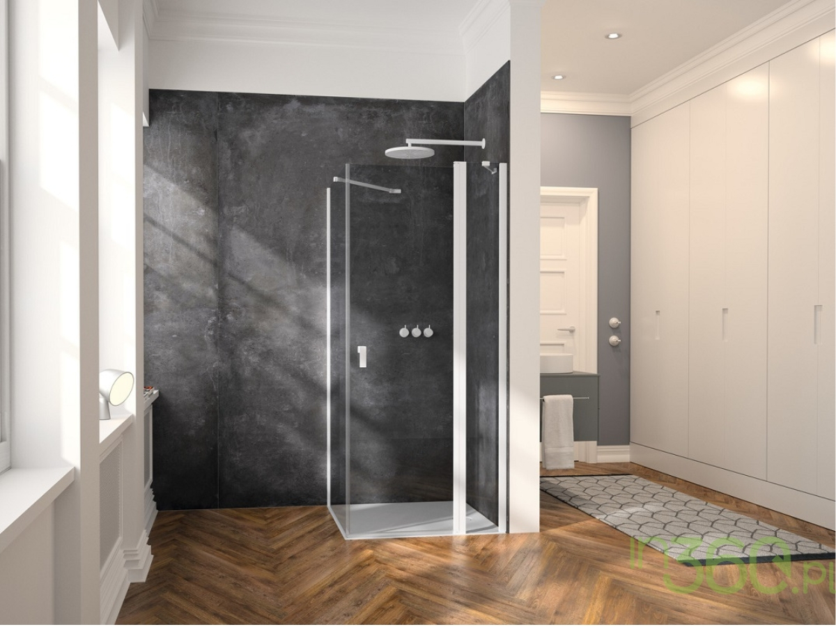 Nowoczesna łazienka z białą kabiną prysznicową marki Hüppe, drewnianymi detalami i stylowym gresem, idealna do minimalistycznych i eleganckich wnętrz.