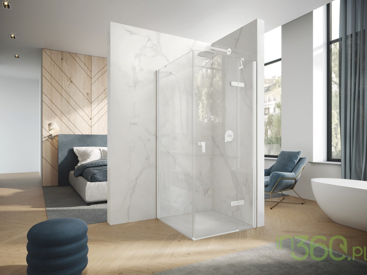 Stylowa łazienka z białą kabiną prysznicową marki Hüppe, naturalnymi drewnianymi akcentami i minimalistycznym designem, idealna do eleganckich i nowoczesnych wnętrz.