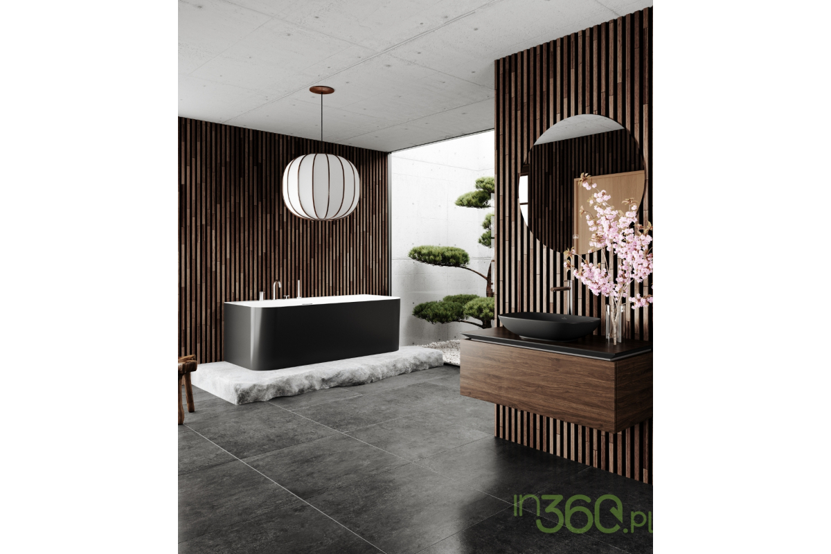 tylowa łazienka wyposażona w czarną umywalkę nablatową i wolnostojącą wannę marki Villeroy & Boch, minimalistyczne wykończenia i nowoczesny design, idealna do luksusowych wnętrz.