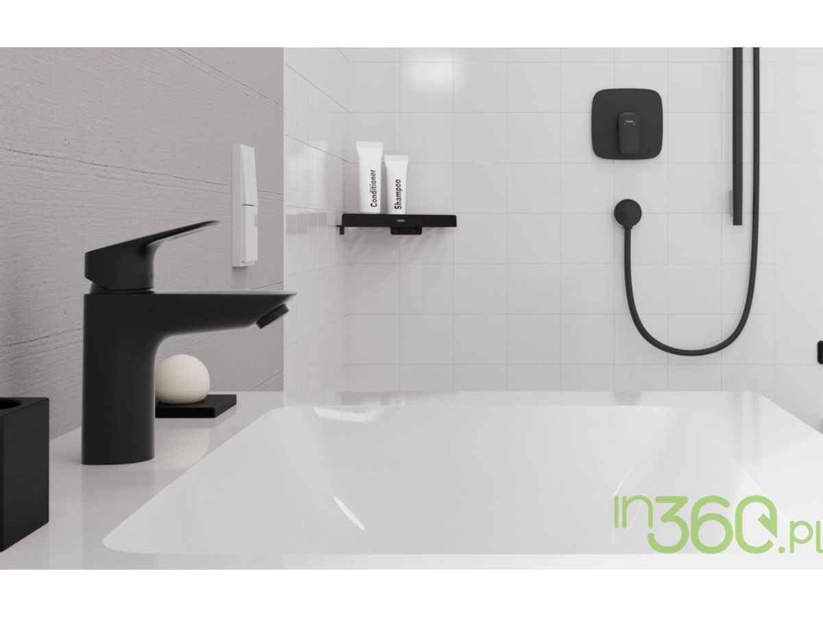 Nowoczesna łazienka z czarną baterią umywalkową Hansgrohe – minimalistyczny design i elegancja