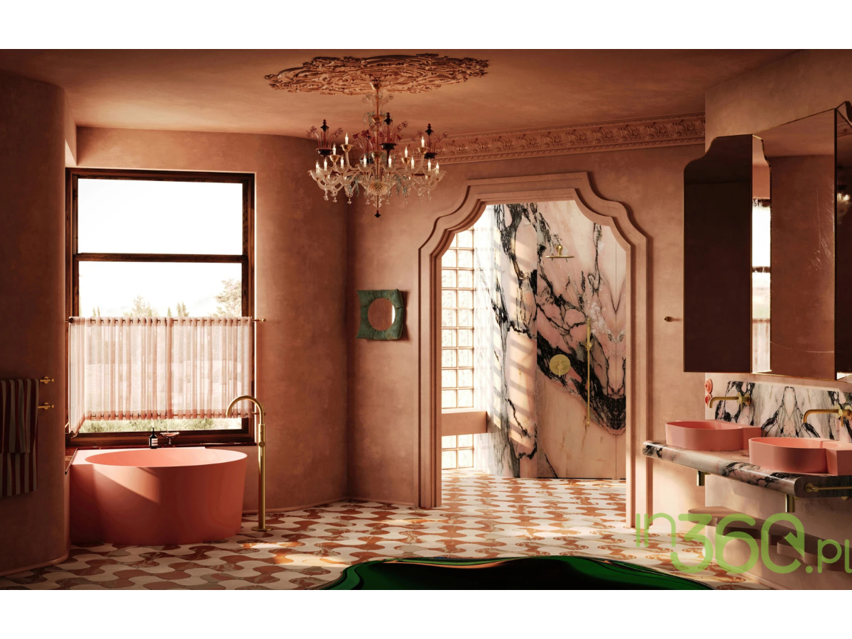 Aranżacja łazienki Omnires Hedonistic Mannerism z geometrycznym wejściem do strefy prysznicowej wykończonej marmurem i złotą armaturą