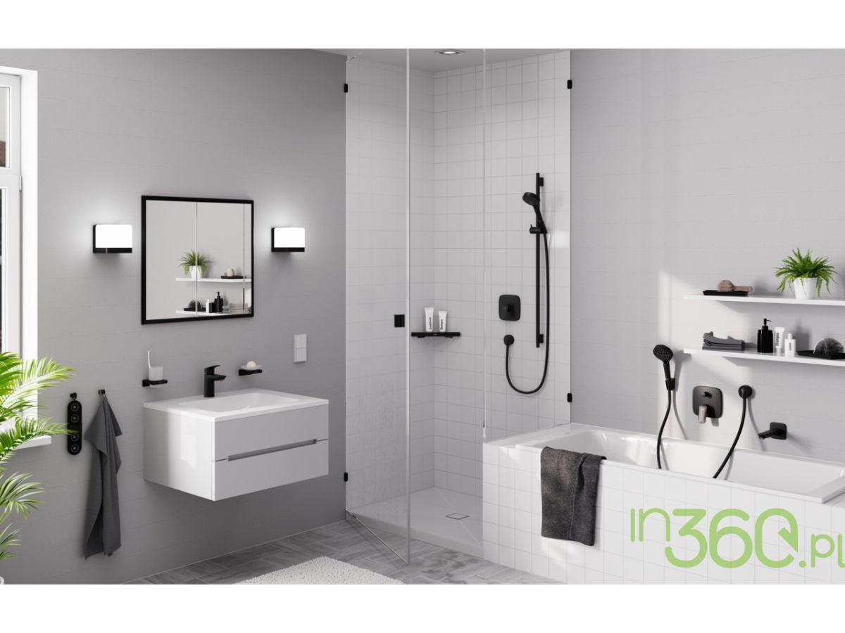 Nowoczesna łazienka z czarnym zestawem prysznicowym Hansgrohe