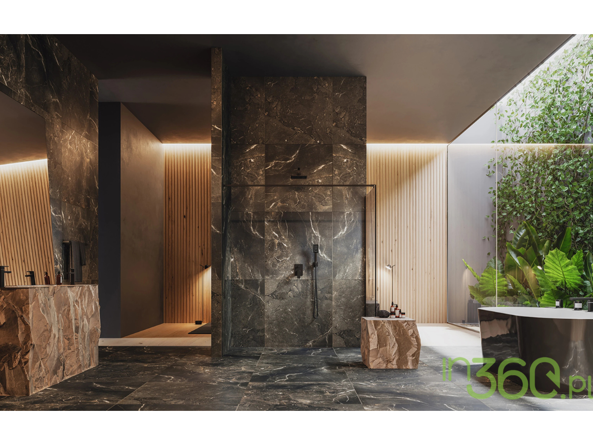 Elegancka łazienka z czarną armaturą Omnires Baretti i marmurem Marazzi Allmarble Emperador Lux