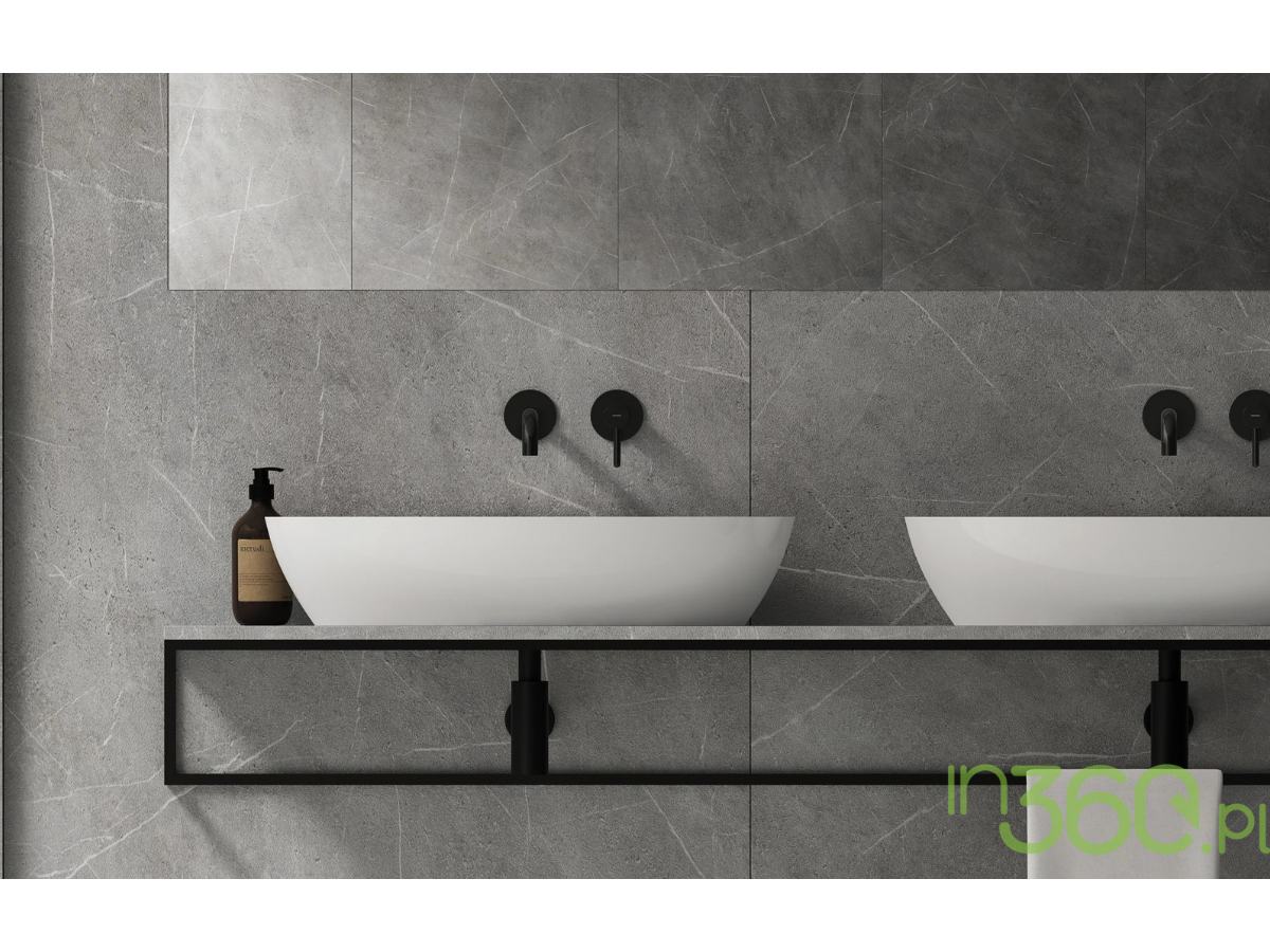 Bateria umywalkowa Omnires Y w czarnym macie z dwiema eleganckimi umywalkami nablatowymi