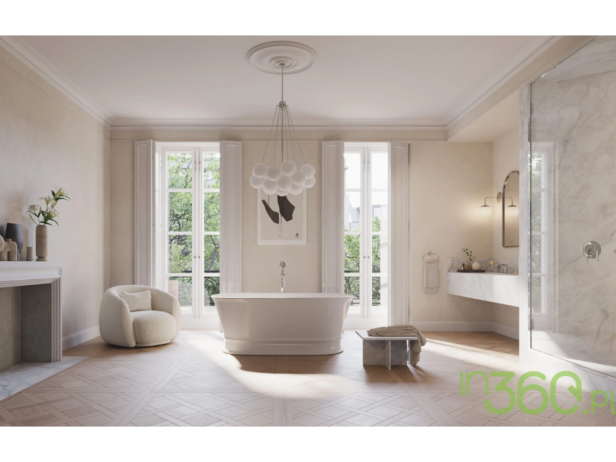 Elegancka łazienka Omnires z wolnostojącą wanną Classica i chromowaną armaturą w jasnej aranżacji