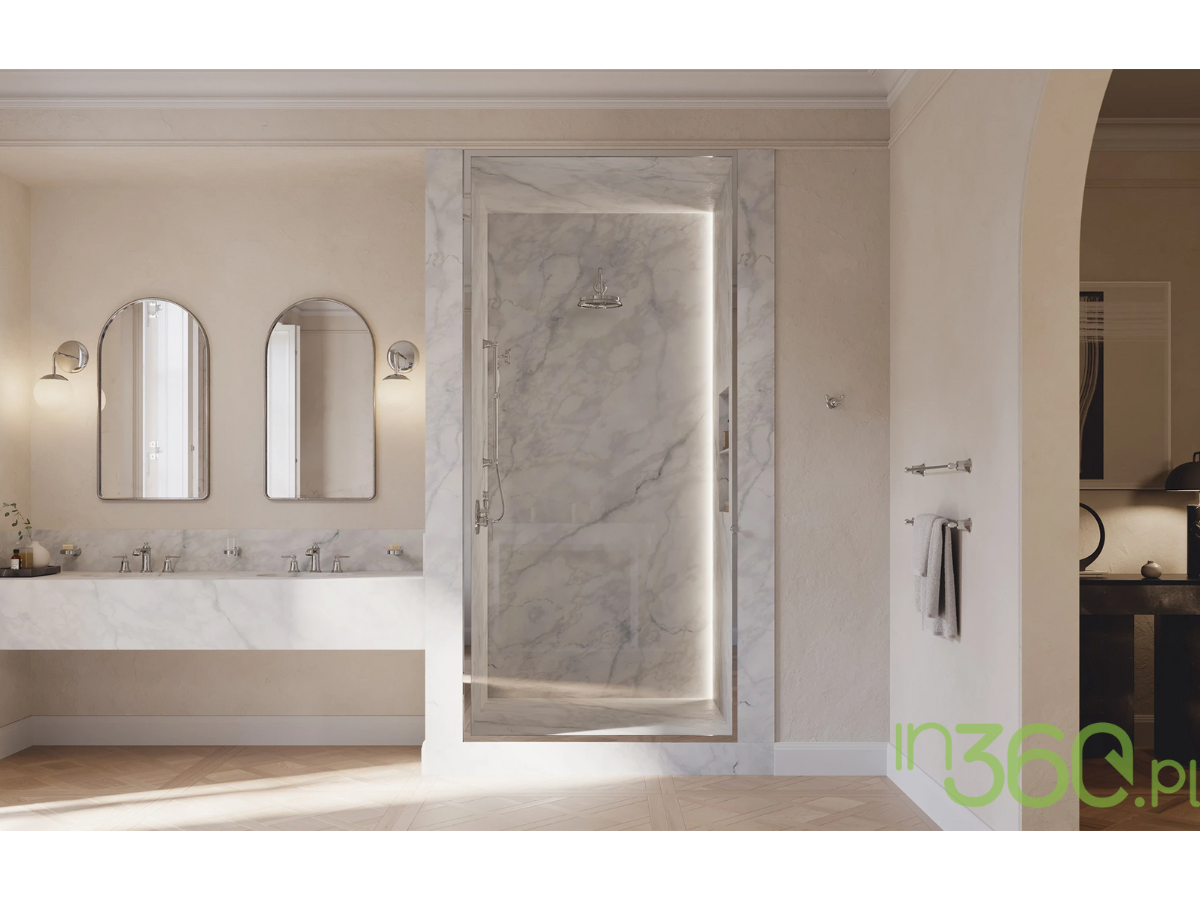 Strefa prysznica z podtynkową armaturą Omnires Armance w eleganckiej łazience premium