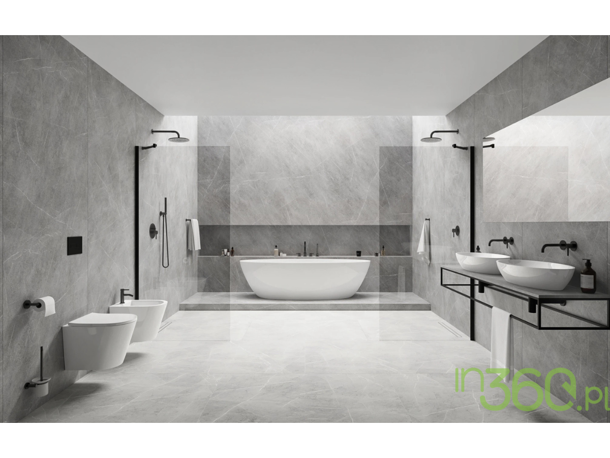 Pełna aranżacja nowoczesnej łazienki Omnires z wanną wolnostojącą, umywalkami nablatowymi i prysznicem
