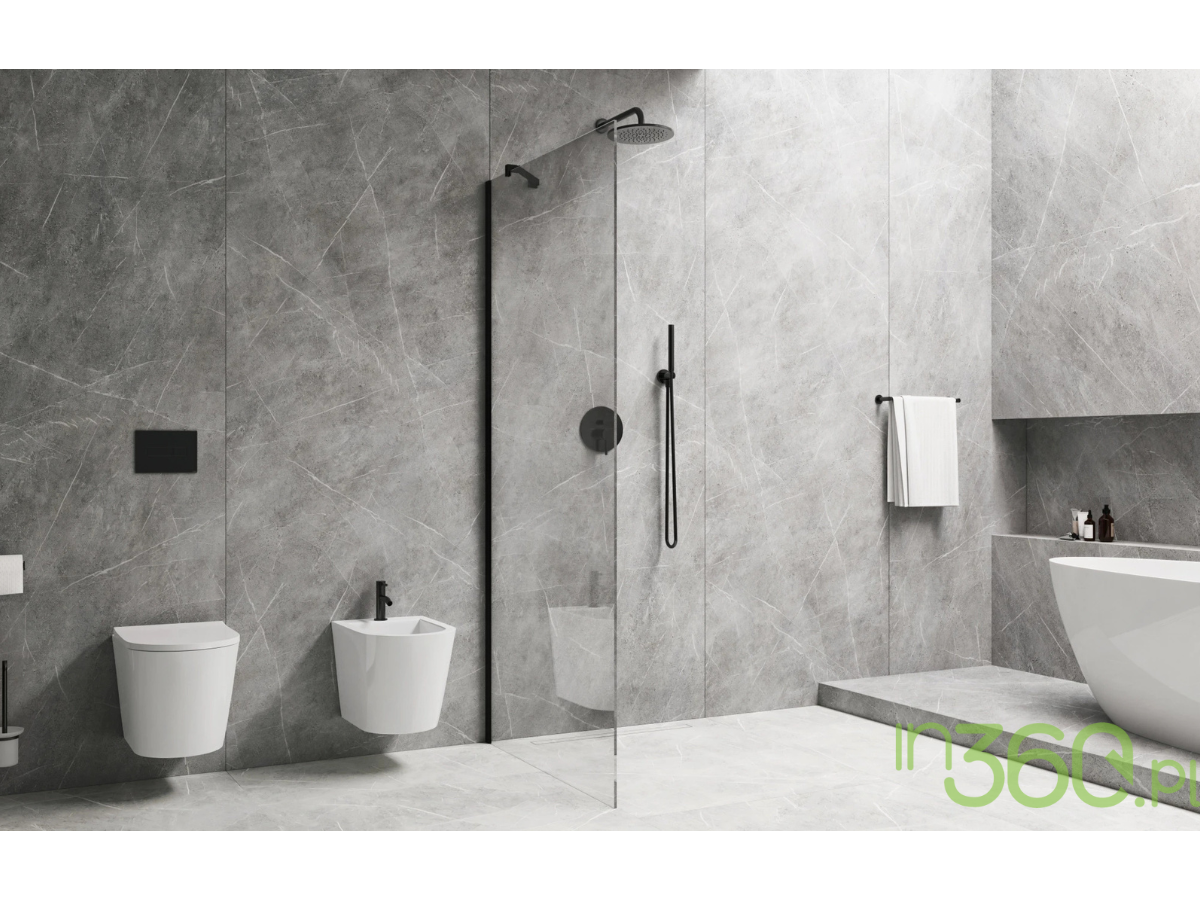 Strefa prysznicowa Omnires z deszczownicą w czarnym macie oraz miską WC wiszącą